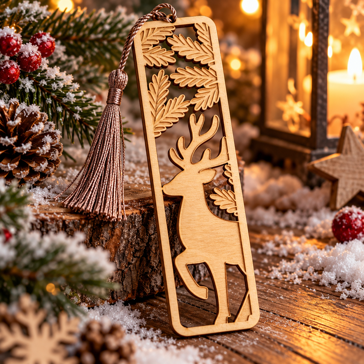 Marque-page en bois ajouré – Cerf de Noël