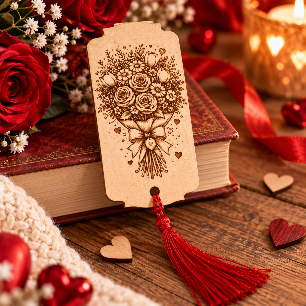 Marque-page en bois gravé – Bouquet de roses