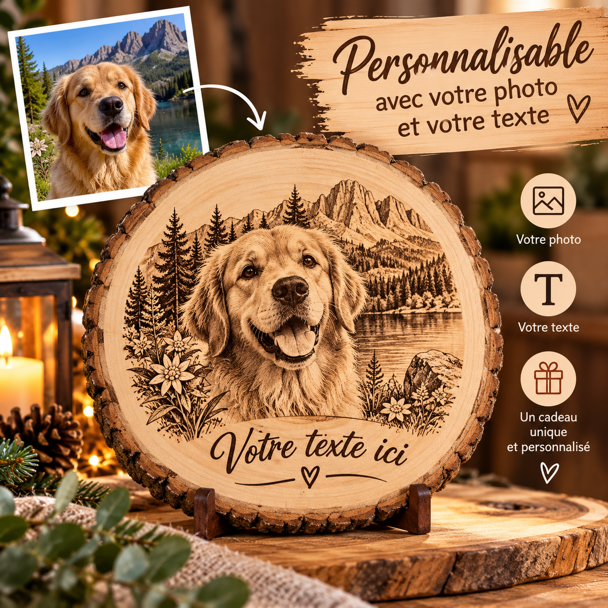 Rondin en bois personnalisé – Gravure de votre photo