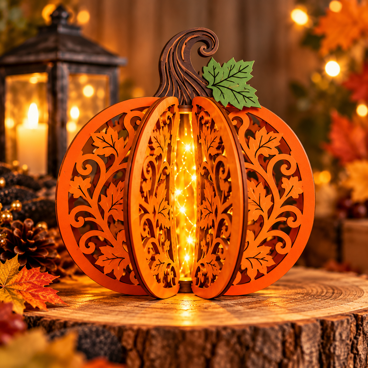 Citrouille décorative lumineuse en bois