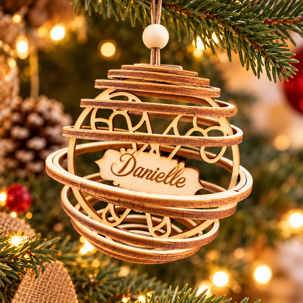 Boule de Noël 3D en bois personnalisée avec prénom
