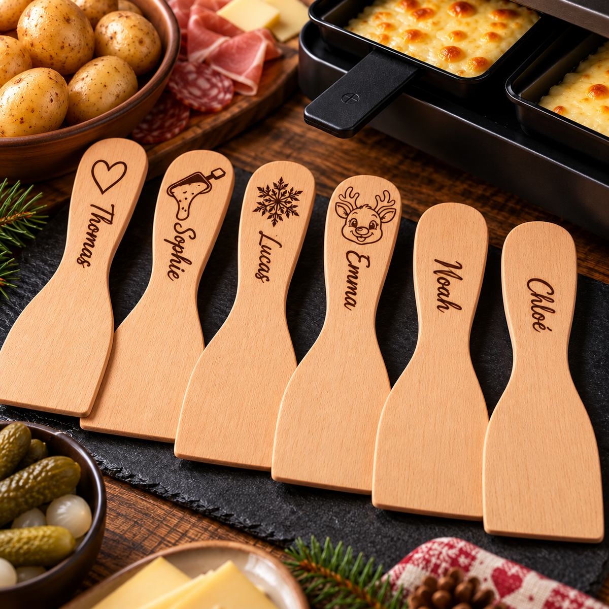Lot de 6 spatules à raclette – Prénoms personnalisés