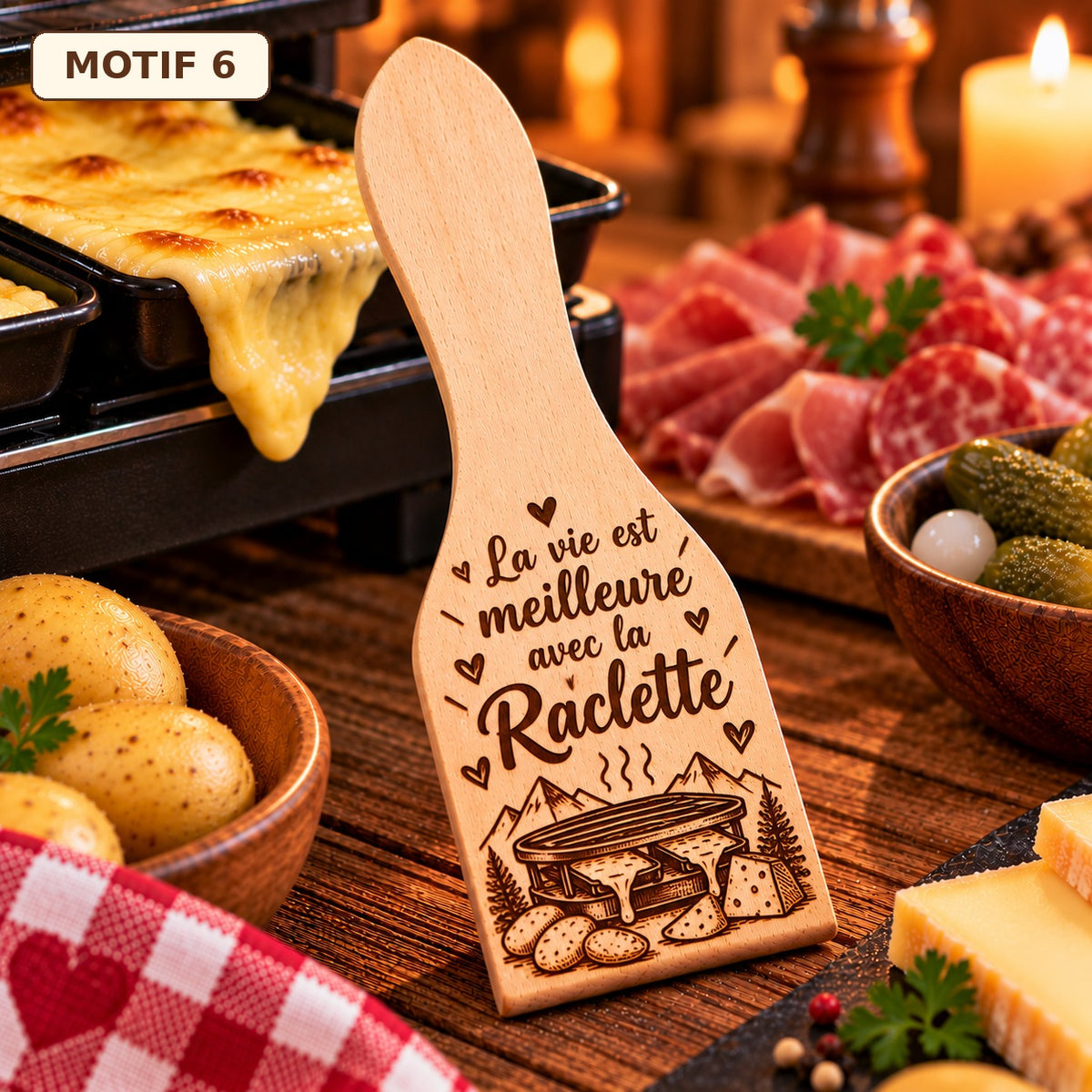 Lot de 6 spatules à raclette – Motifs au choix